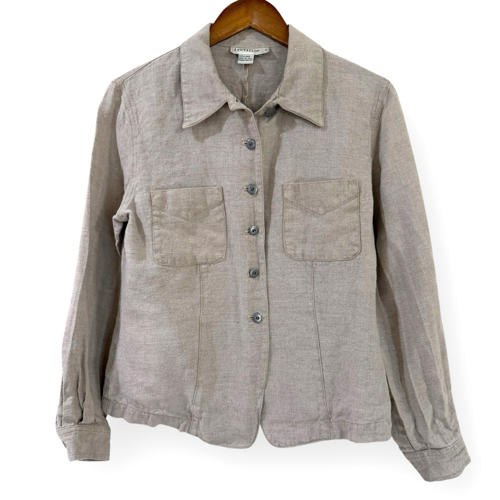 Vtg 80s Ann Taylor 100% Linen Shirt Jacket 8 Beige Flax Button Up Made In USA
